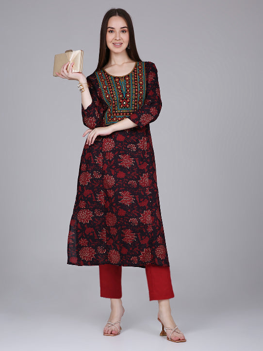 Maroon Neck Embroidery Cotton Kurta with Floral Print