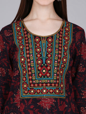 Maroon Neck Embroidery Cotton Kurta with Floral Print