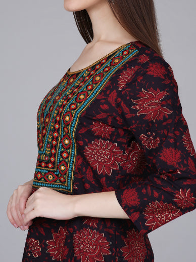 Maroon Neck Embroidery Cotton Kurta with Floral Print