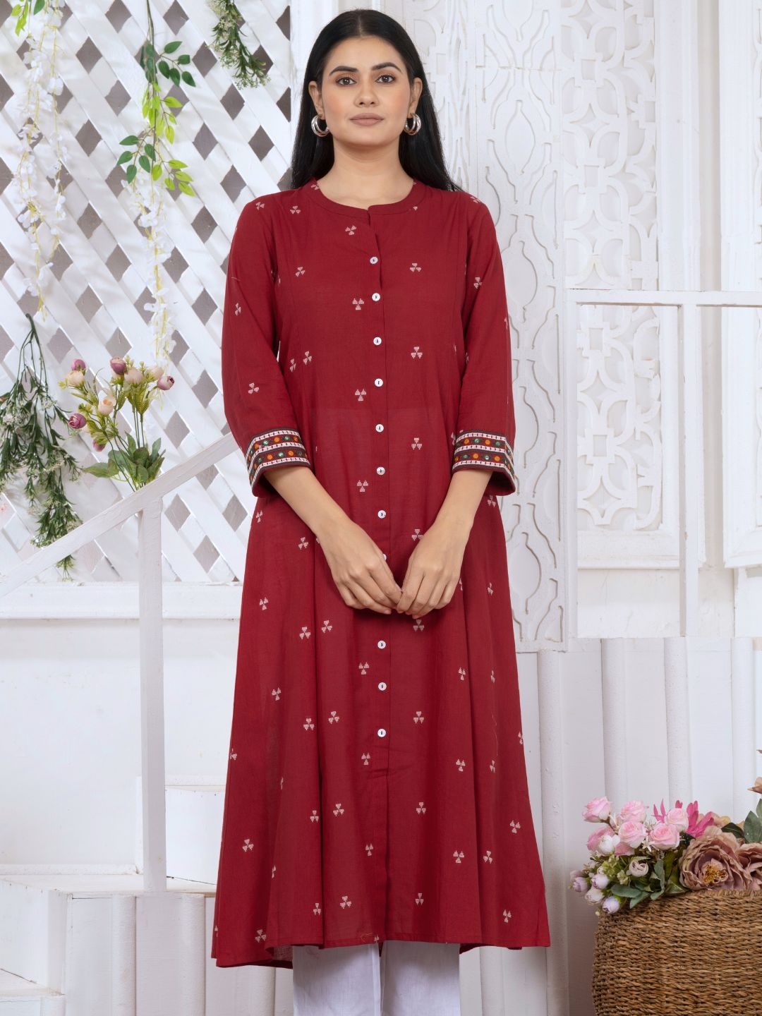 Carmine Red Woven Design Button-Down Kurta