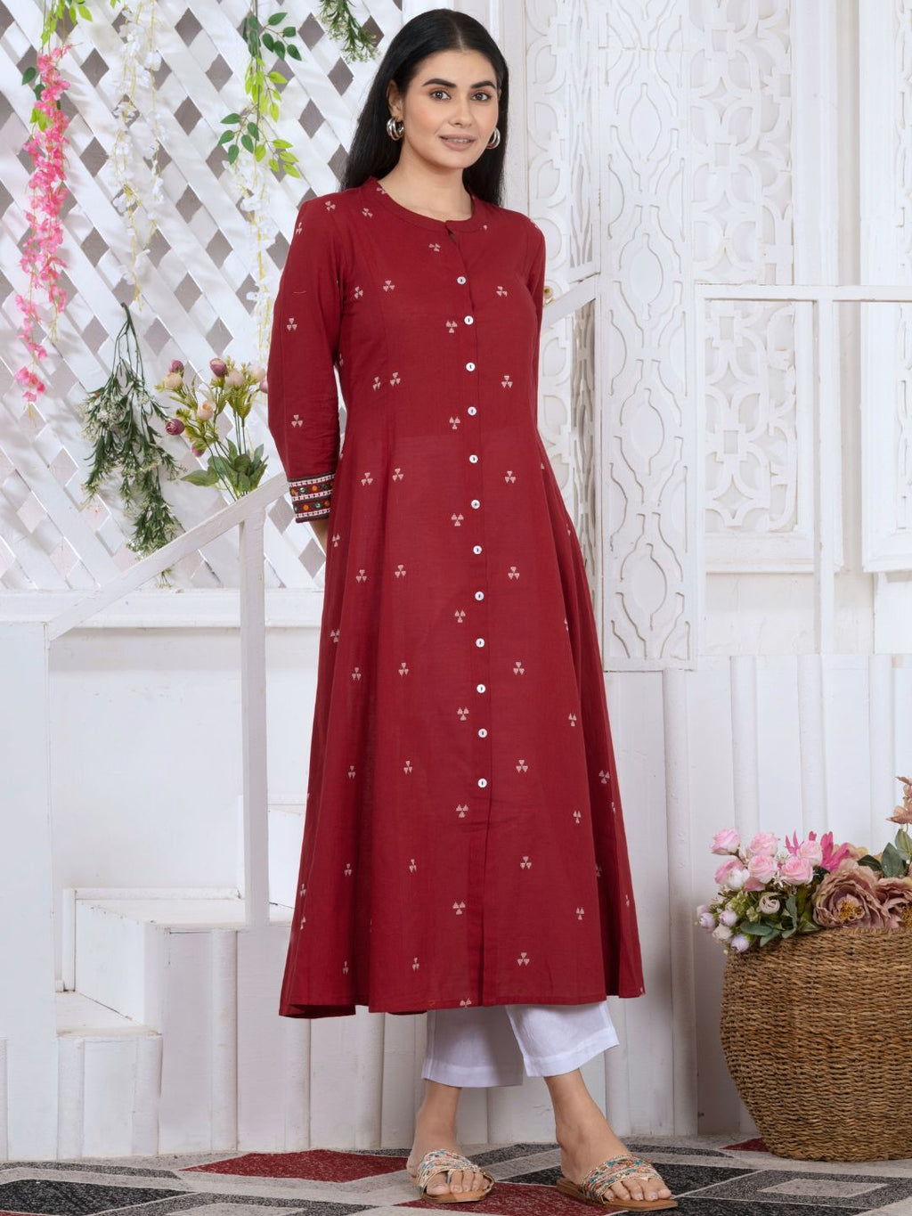 Carmine Red Woven Design Button-Down Kurta