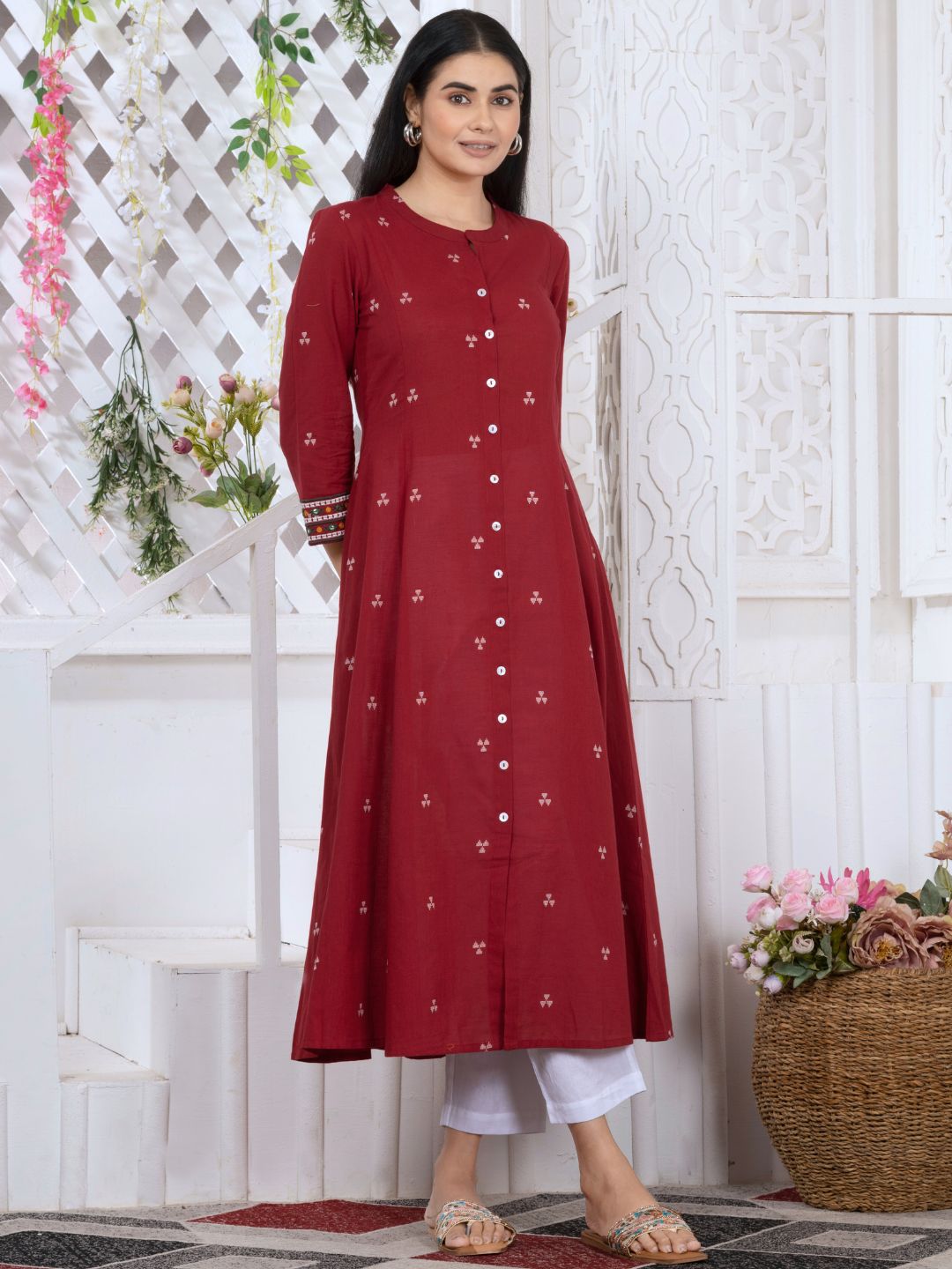 Carmine Red Woven Design Button-Down Kurta