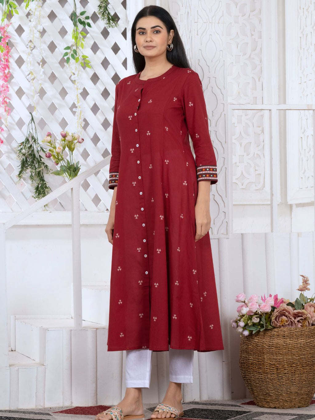 Carmine Red Woven Design Button-Down Kurta