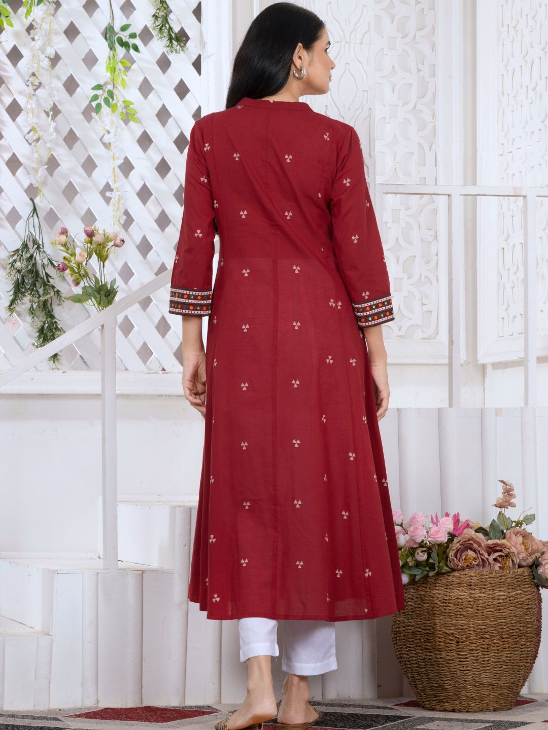 Carmine Red Woven Design Button-Down Kurta