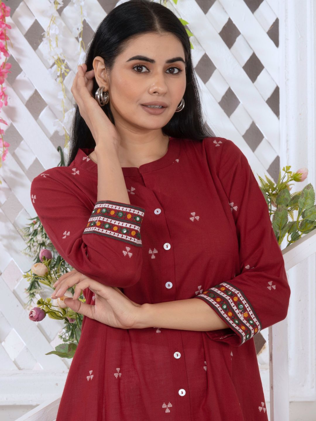 Carmine Red Woven Design Button-Down Kurta