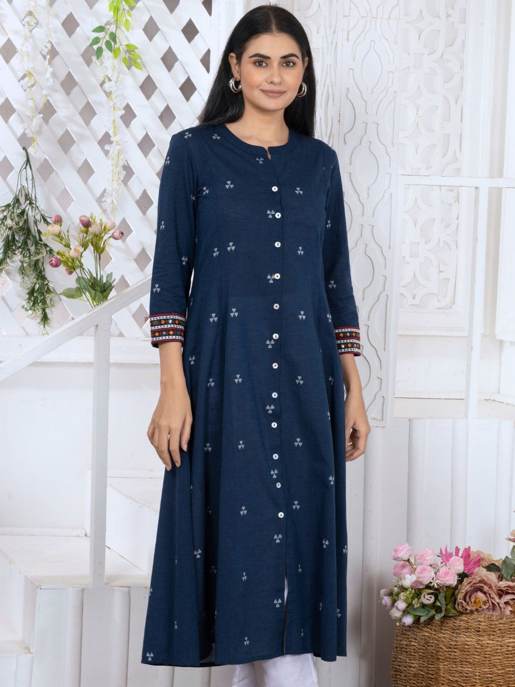 Navy Blue Woven Design Button-Down Kurta
