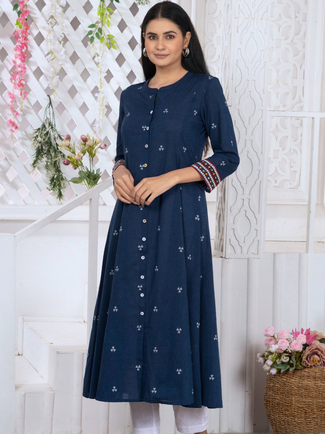 Navy Blue Woven Design Button-Down Kurta
