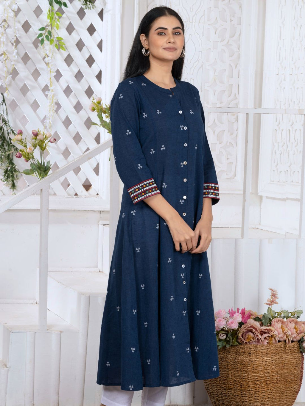 Navy Blue Woven Design Button-Down Kurta