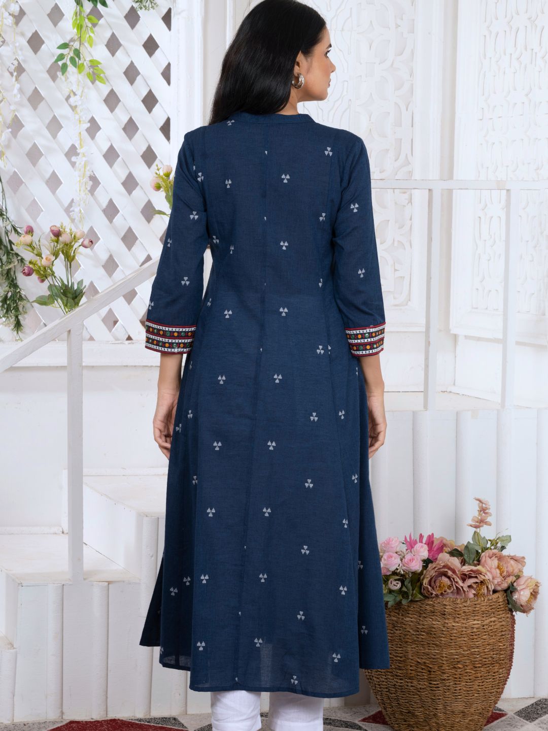 Navy Blue Woven Design Button-Down Kurta