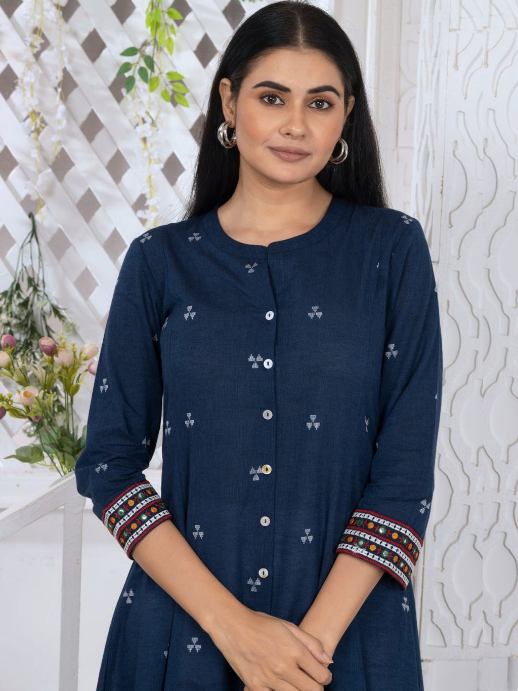 Navy Blue Woven Design Button-Down Kurta