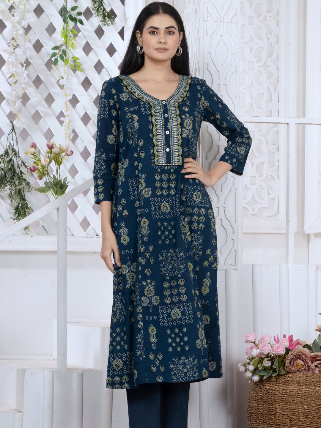 Navy Blue Persian Block Motifs Kurta