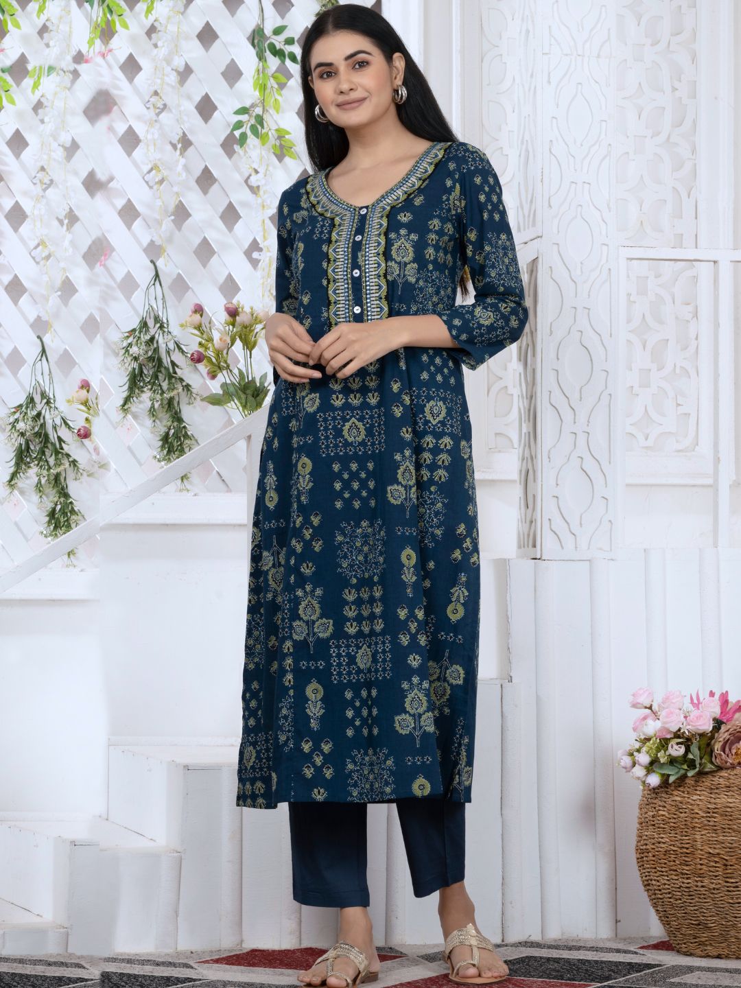 Navy Blue Persian Block Motifs Kurta