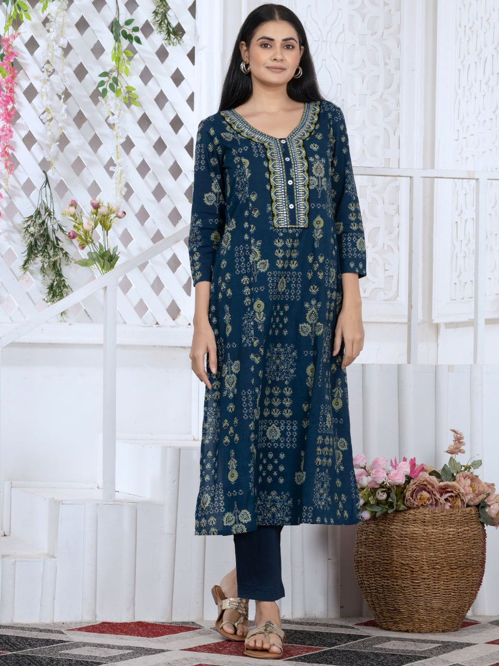 Navy Blue Persian Block Motifs Kurta