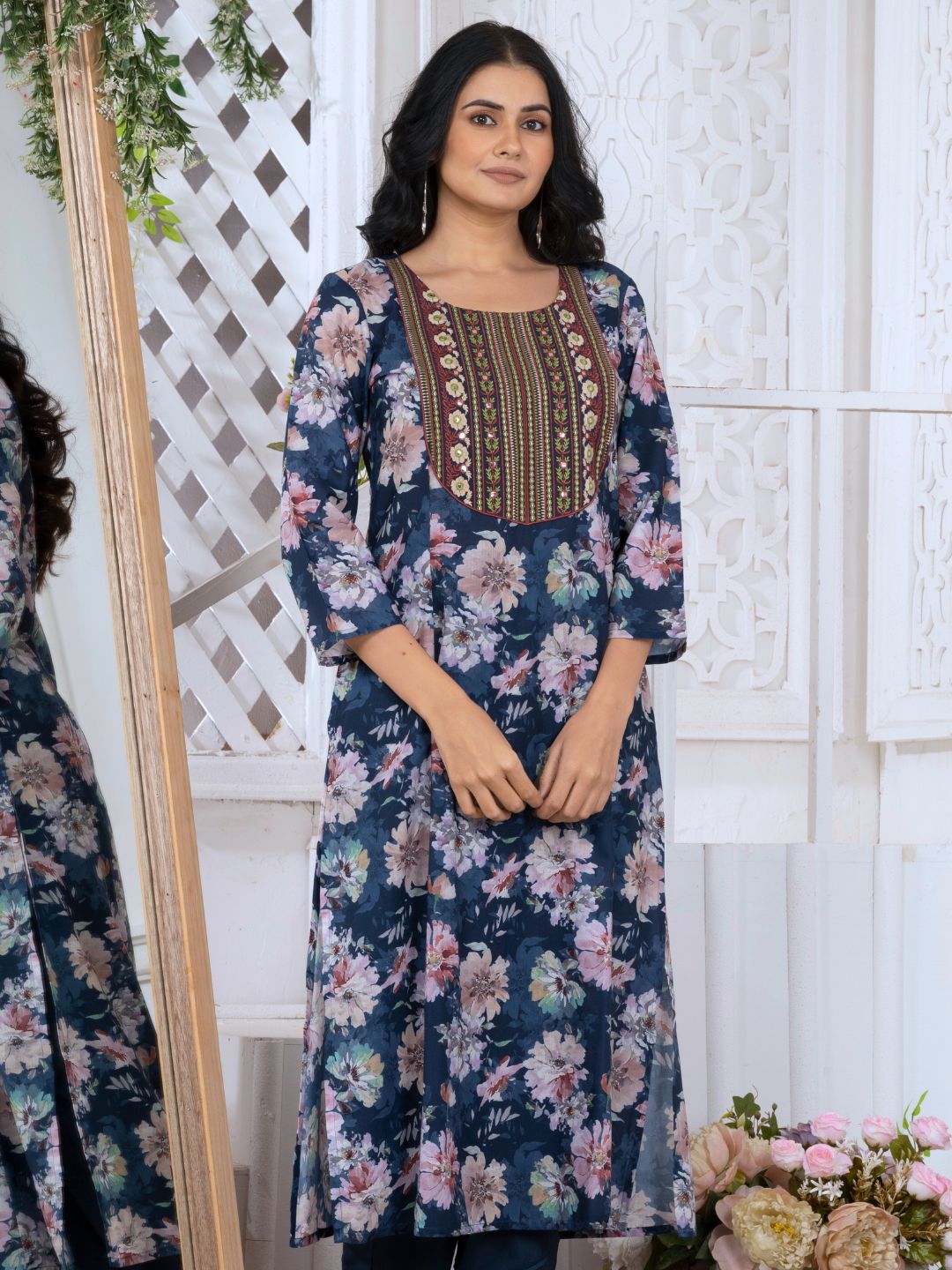 Navy Blue Floral Heritage Embroidered Yoke Poly-Luxe Kurta