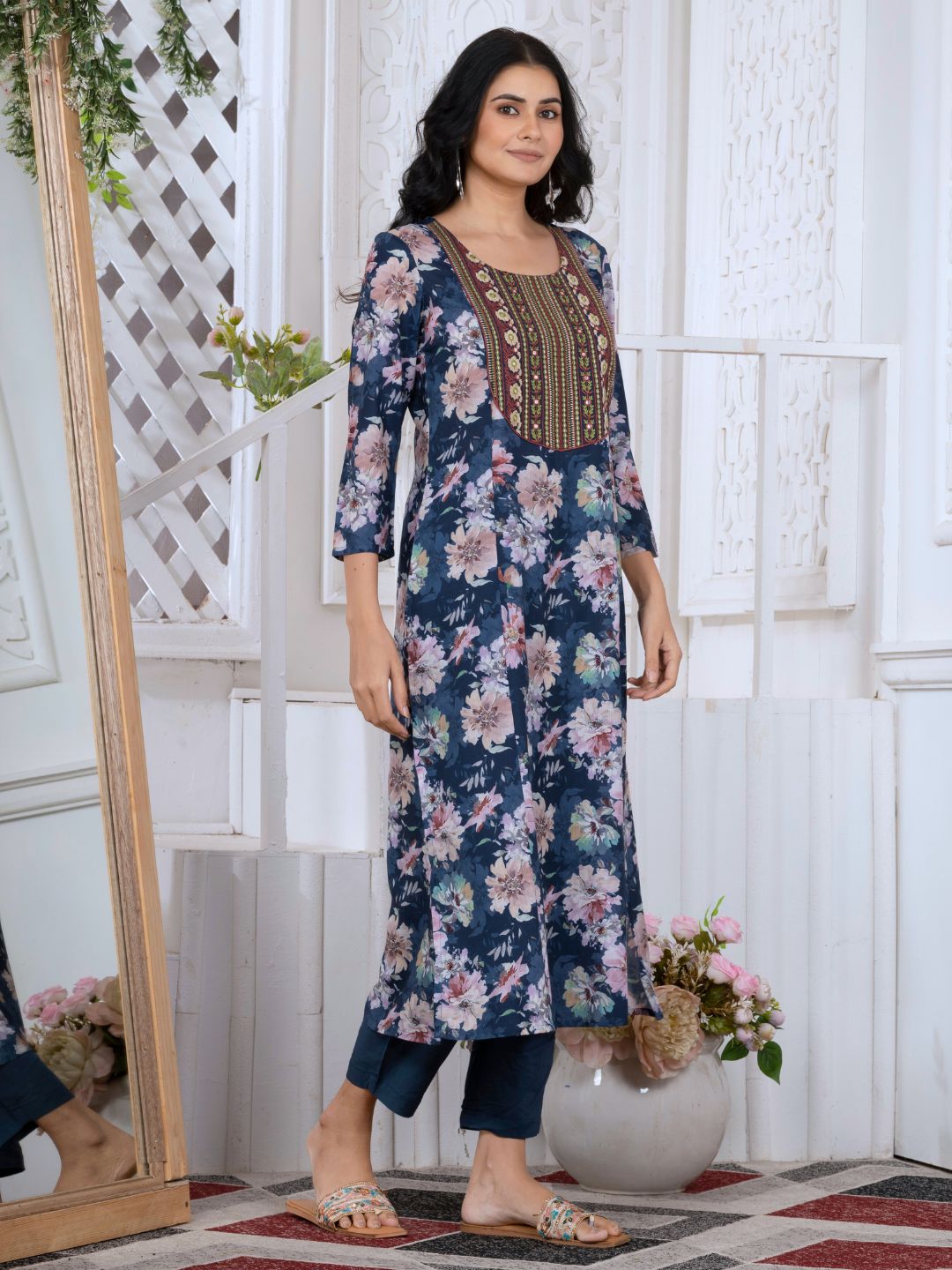 Navy Blue Floral Heritage Embroidered Yoke Poly-Luxe Kurta