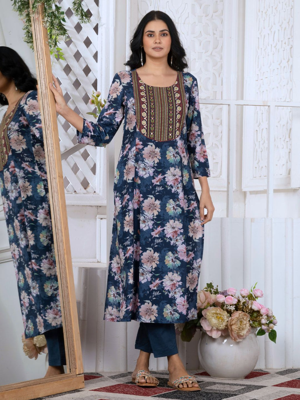 Navy Blue Floral Heritage Embroidered Yoke Poly-Luxe Kurta