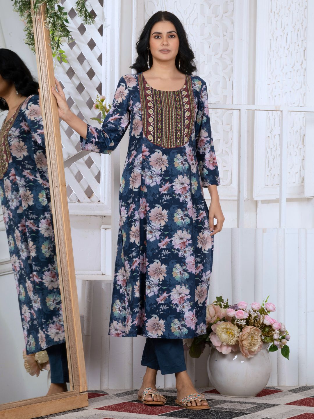 Navy Blue Floral Heritage Embroidered Yoke Poly-Luxe Kurta