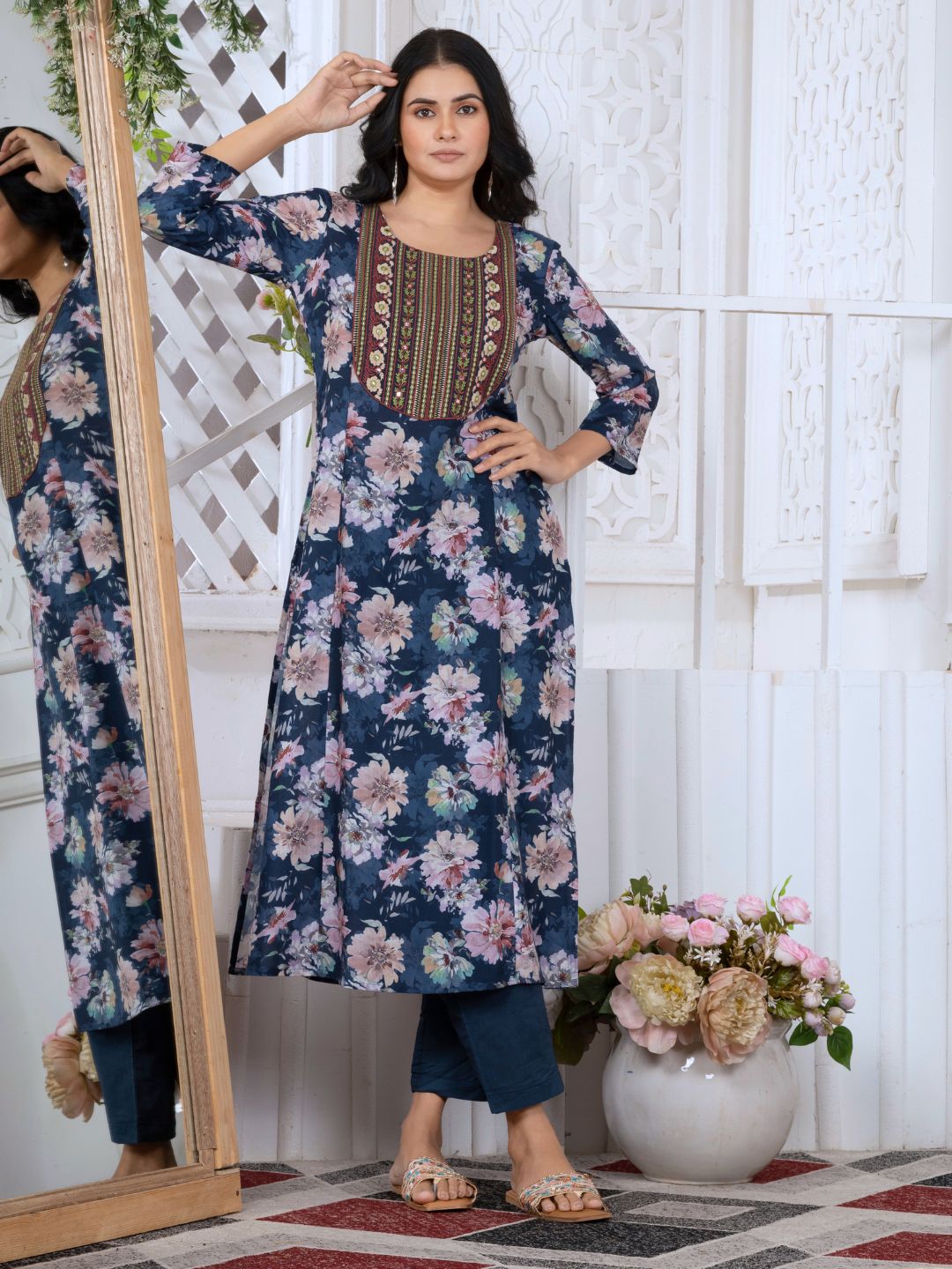 Navy Blue Floral Heritage Embroidered Yoke Poly-Luxe Kurta