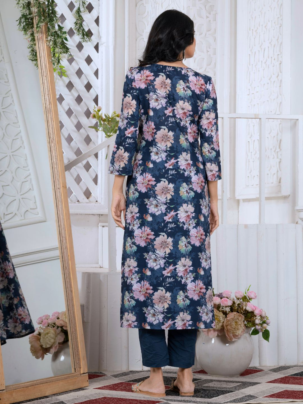 Navy Blue Floral Heritage Embroidered Yoke Poly-Luxe Kurta