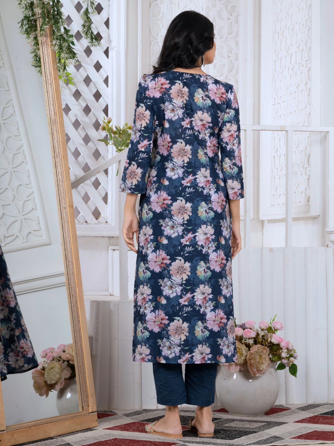 Navy Blue Floral Heritage Embroidered Yoke Poly-Luxe Kurta