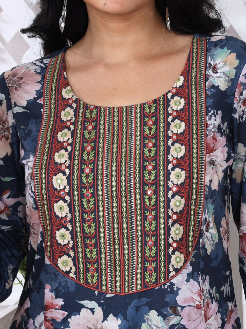 Navy Blue Floral Heritage Embroidered Yoke Poly-Luxe Kurta