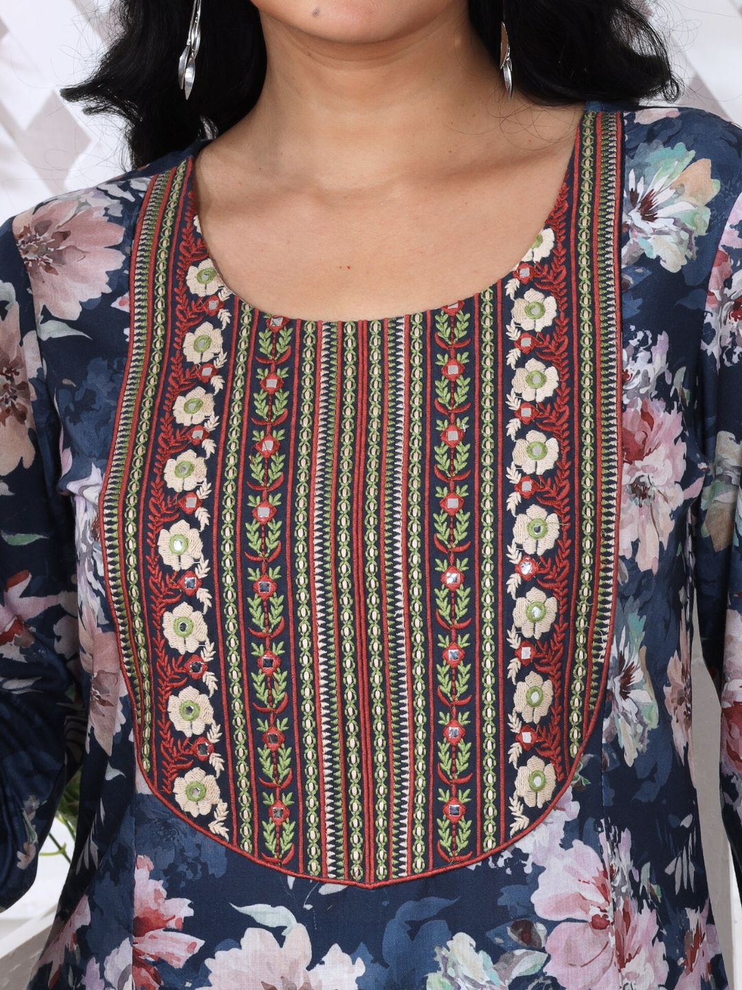 Navy Blue Floral Heritage Embroidered Yoke Poly-Luxe Kurta