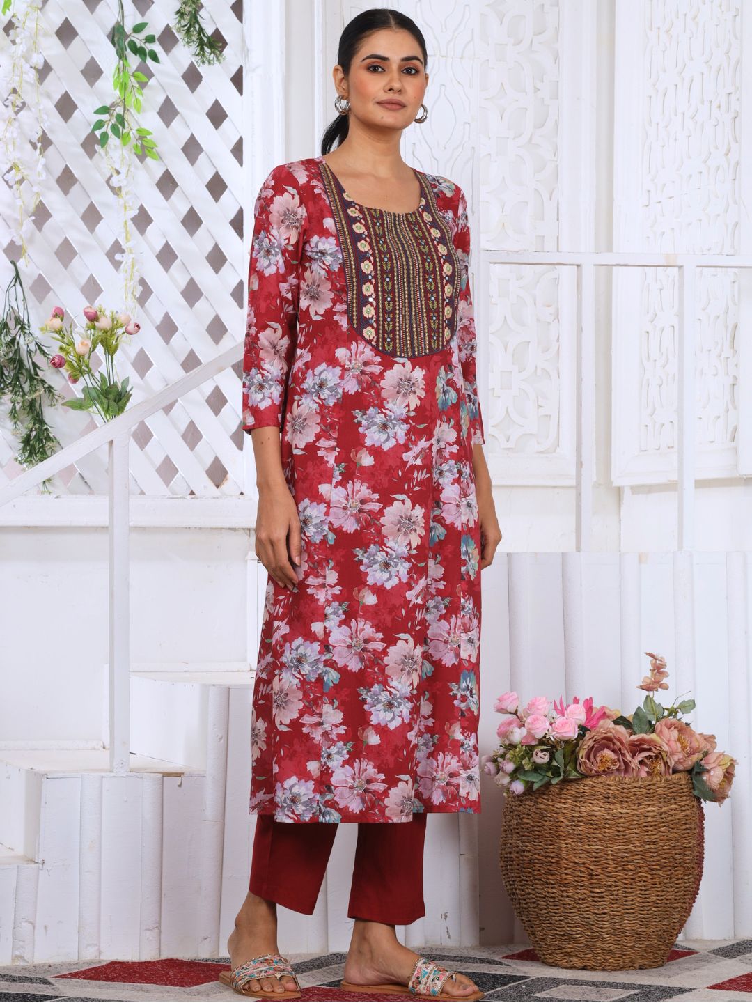 Dusty Red Floral Heritage Embroidered Yoke Poly-Luxe Kurta