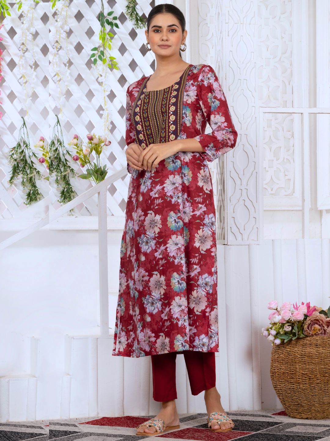 Dusty Red Floral Heritage Embroidered Yoke Poly-Luxe Kurta
