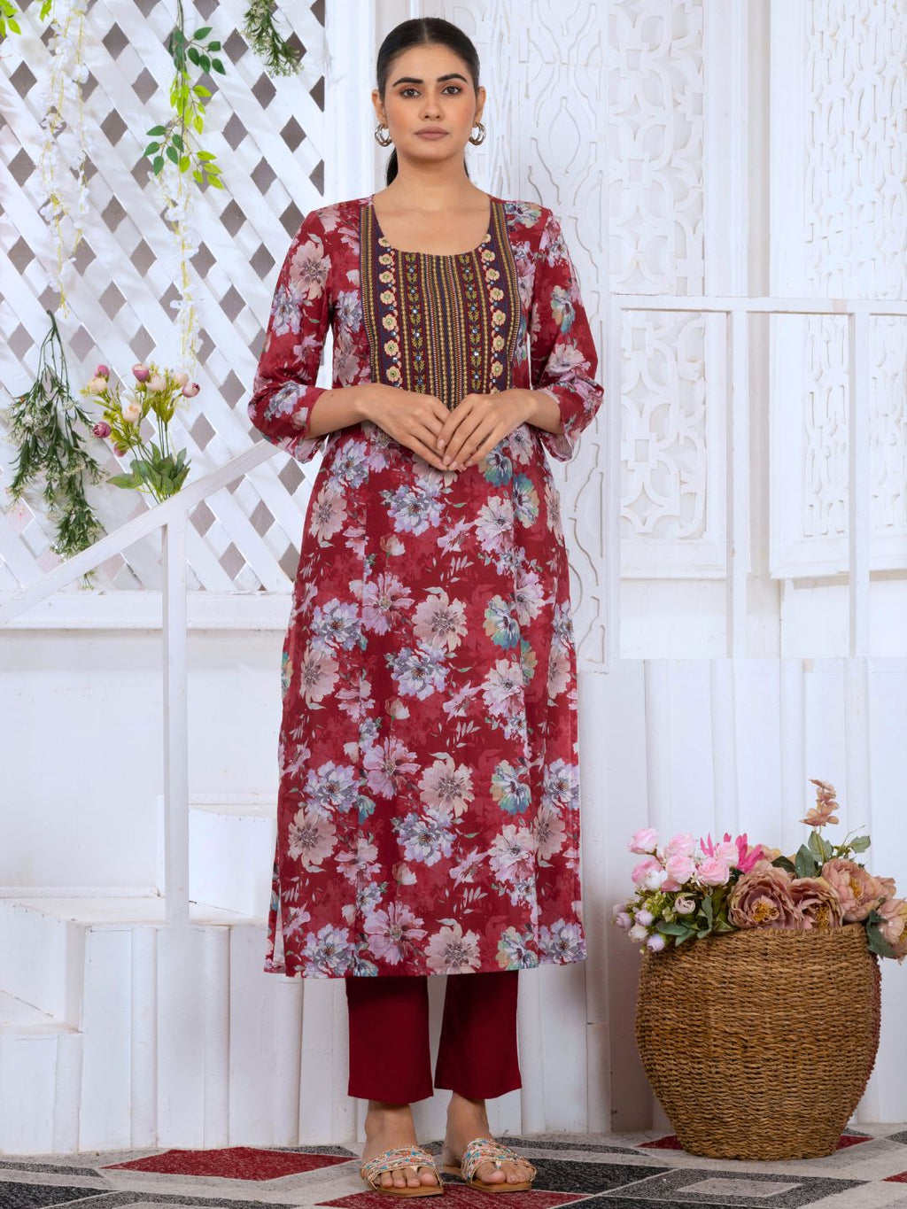 Dusty Red Floral Heritage Embroidered Yoke Poly-Luxe Kurta