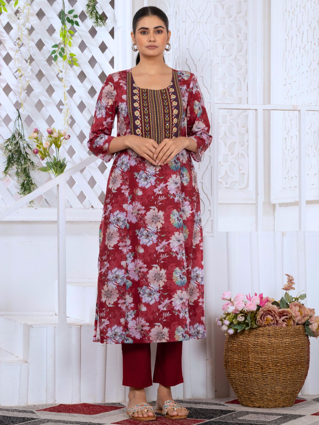 Dusty Red Floral Heritage Embroidered Yoke Poly-Luxe Kurta