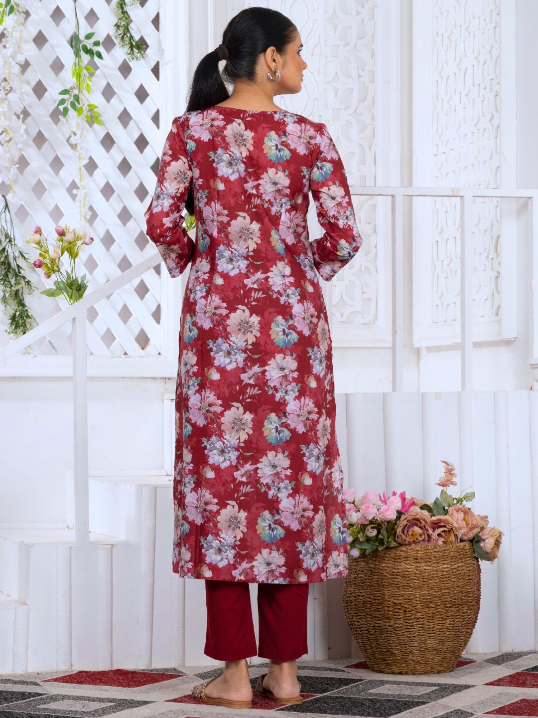 Dusty Red Floral Heritage Embroidered Yoke Poly-Luxe Kurta