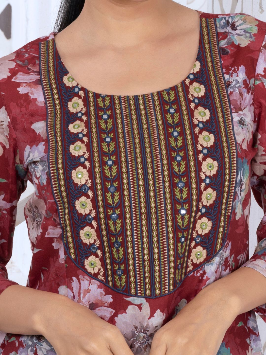 Dusty Red Floral Heritage Embroidered Yoke Poly-Luxe Kurta