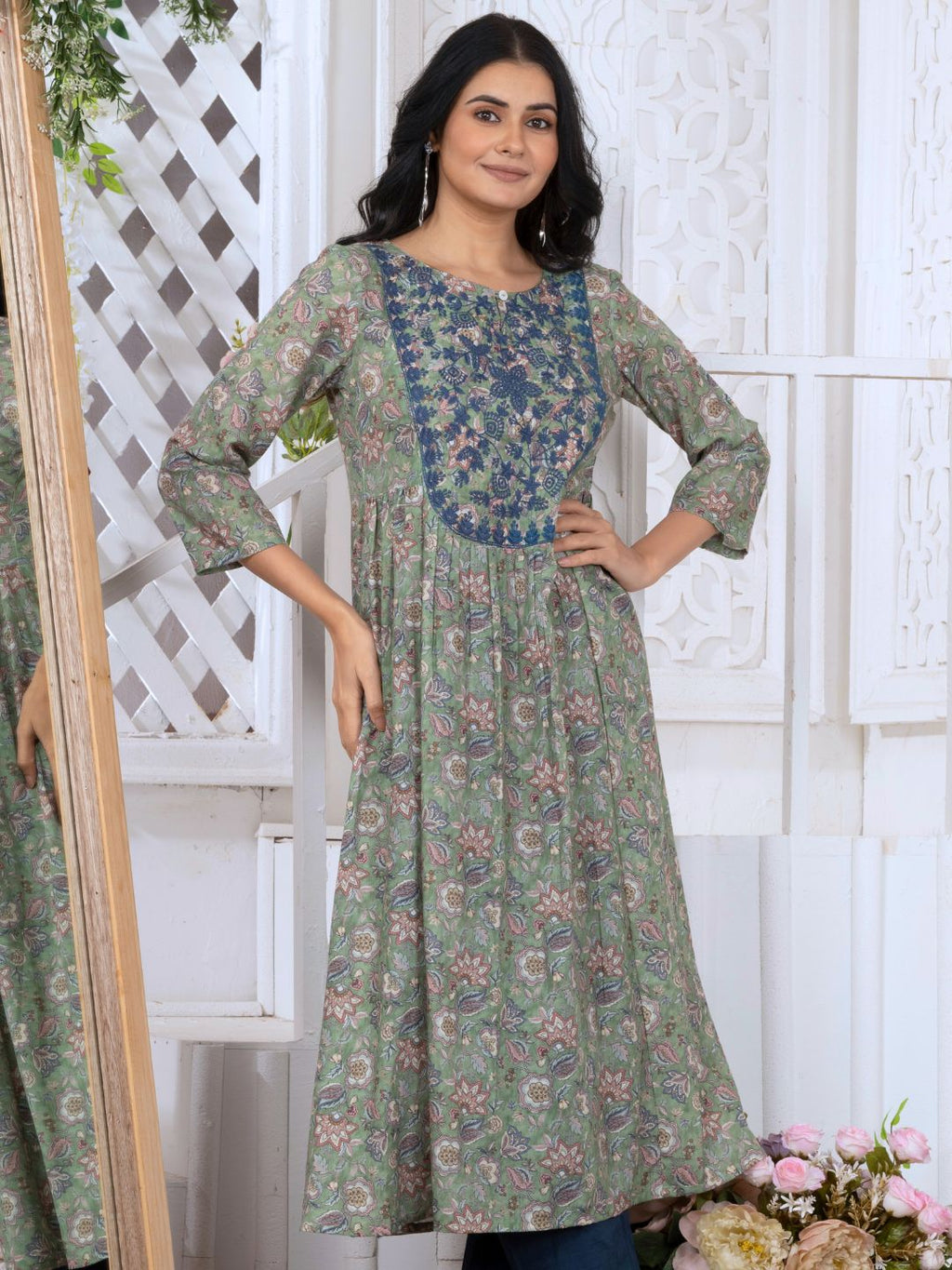 Sage Green Printed Poly-Luxe Kurta with Neck Embroidery