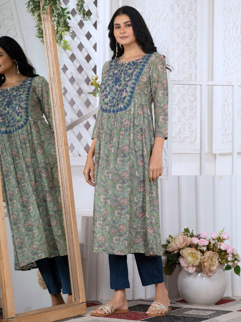 Sage Green Printed Poly-Luxe Kurta with Neck Embroidery