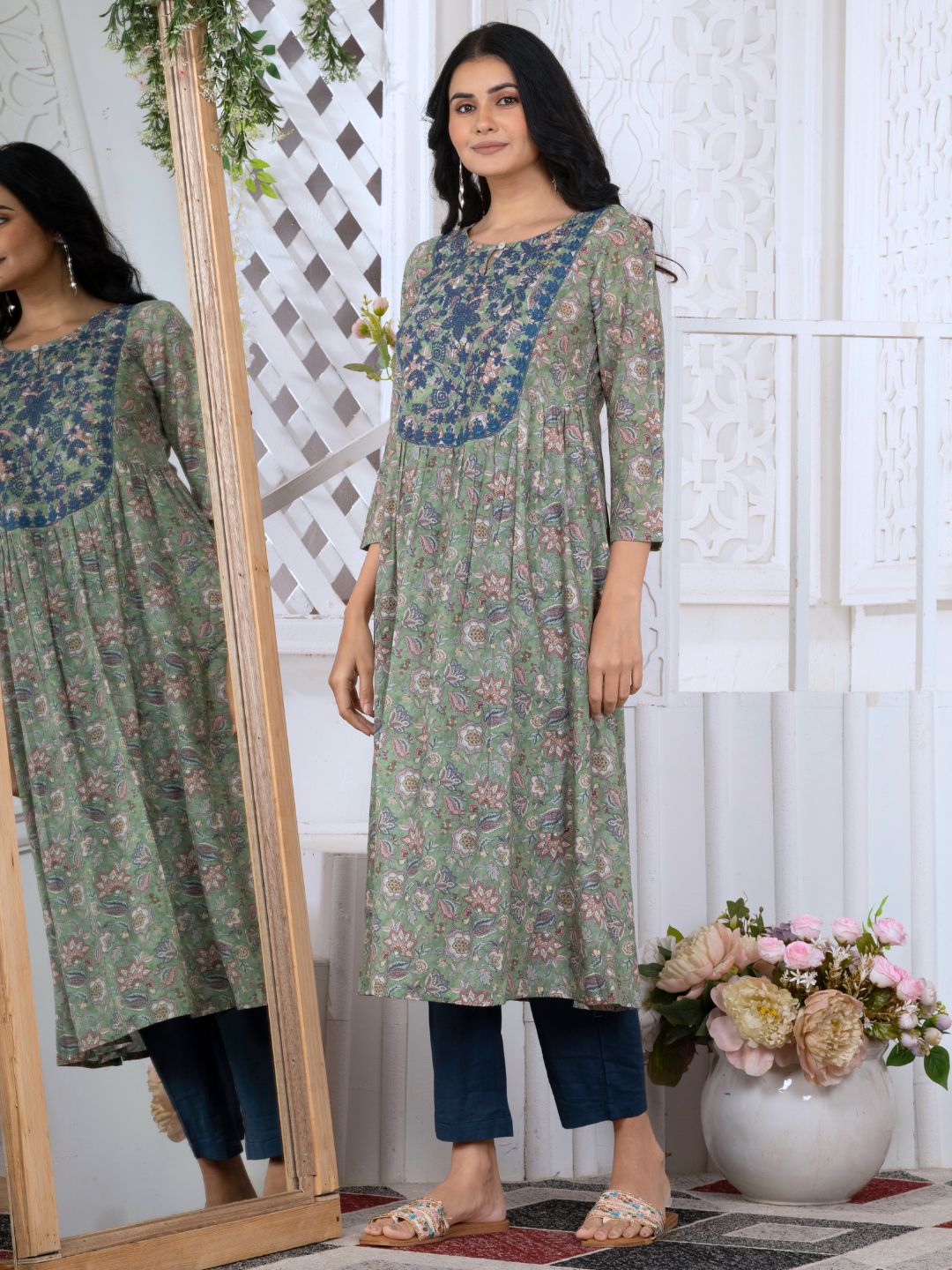 Sage Green Printed Poly-Luxe Kurta with Neck Embroidery