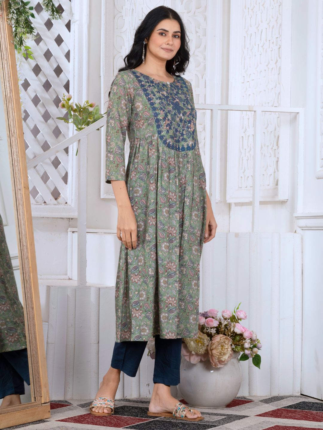 Sage Green Printed Poly-Luxe Kurta with Neck Embroidery