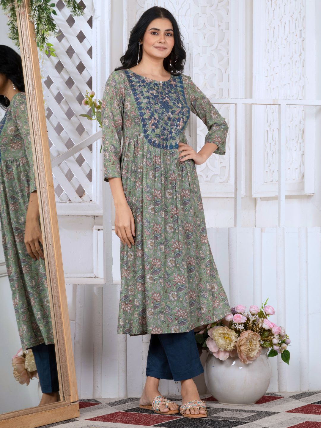 Sage Green Printed Poly-Luxe Kurta with Neck Embroidery