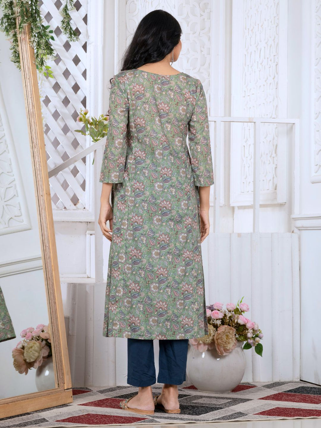 Sage Green Printed Poly-Luxe Kurta with Neck Embroidery
