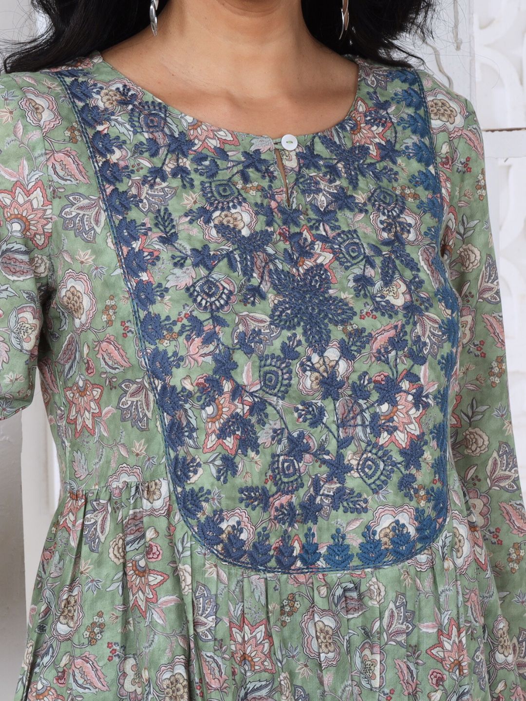 Sage Green Printed Poly-Luxe Kurta with Neck Embroidery