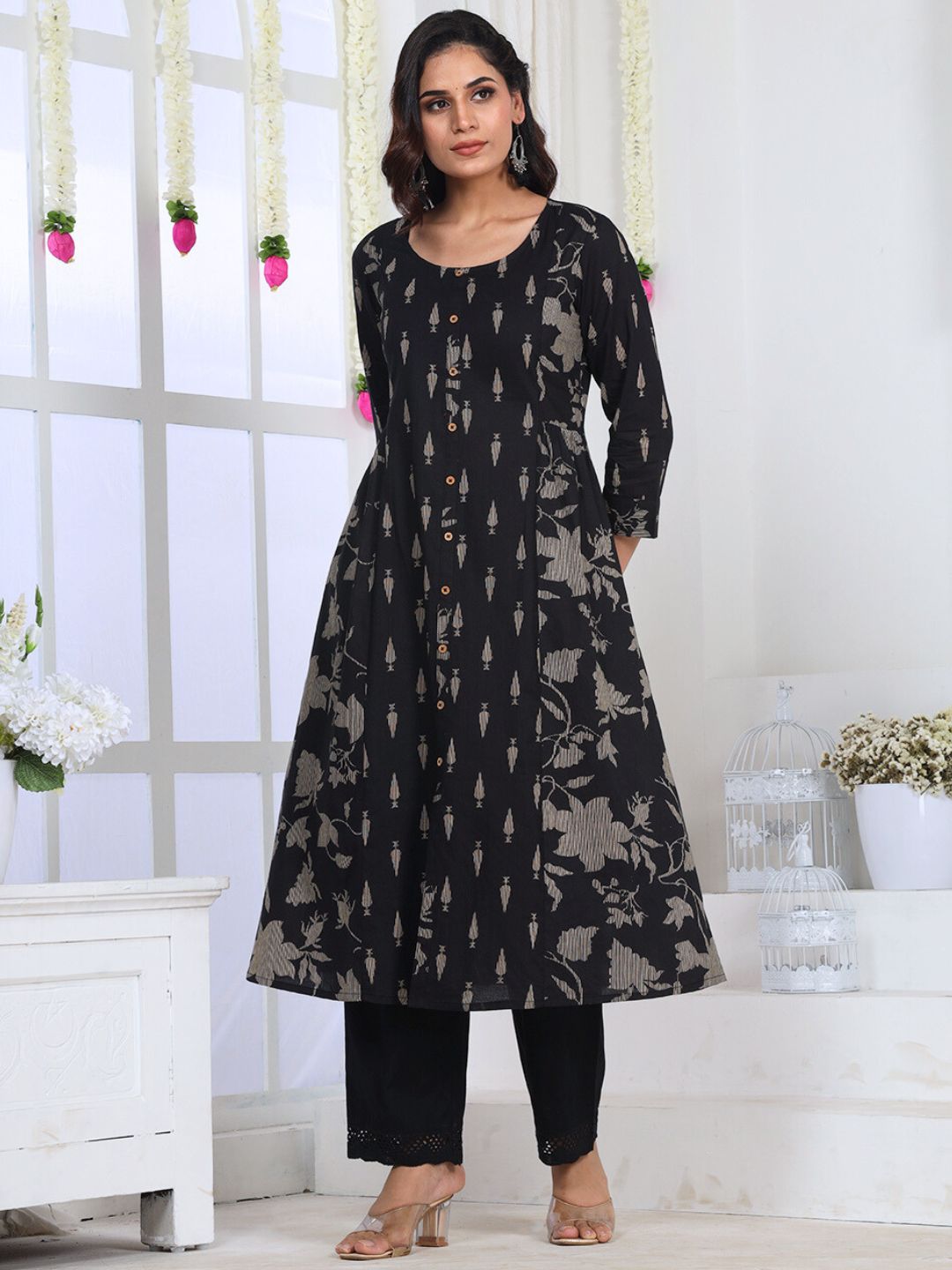 Midnight Black Botanical Printed A-Line Cotton Kurta