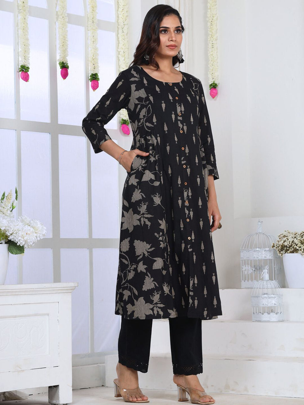 Midnight Black Botanical Printed A-Line Cotton Kurta