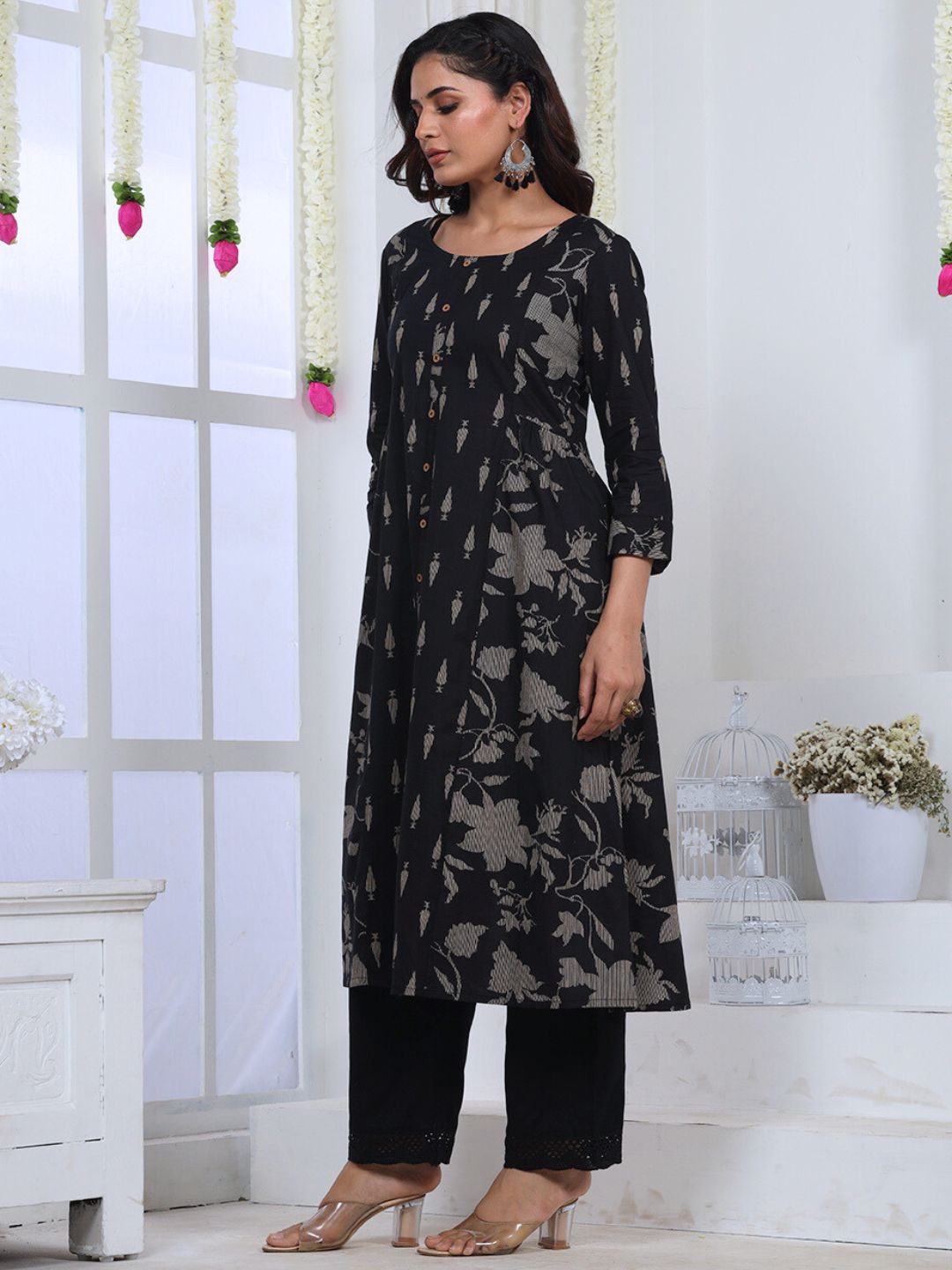 Midnight Black Botanical Printed A-Line Cotton Kurta