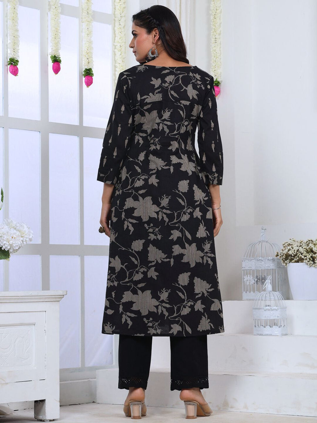 Midnight Black Botanical Printed A-Line Cotton Kurta