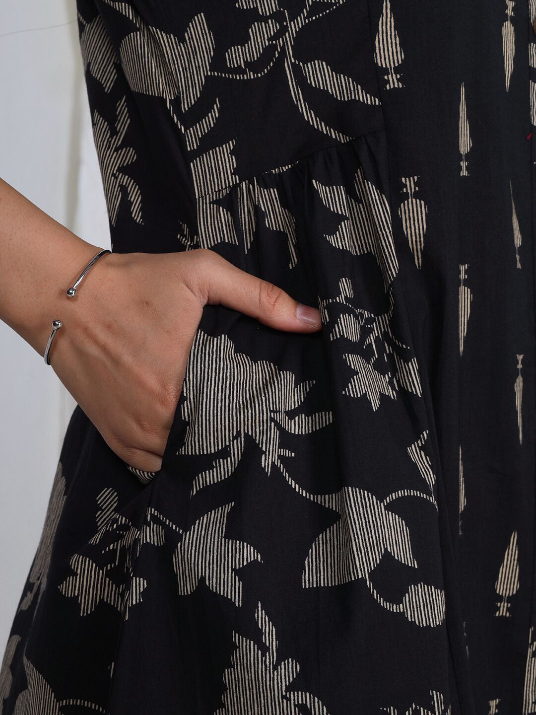 Midnight Black Botanical Printed A-Line Cotton Kurta