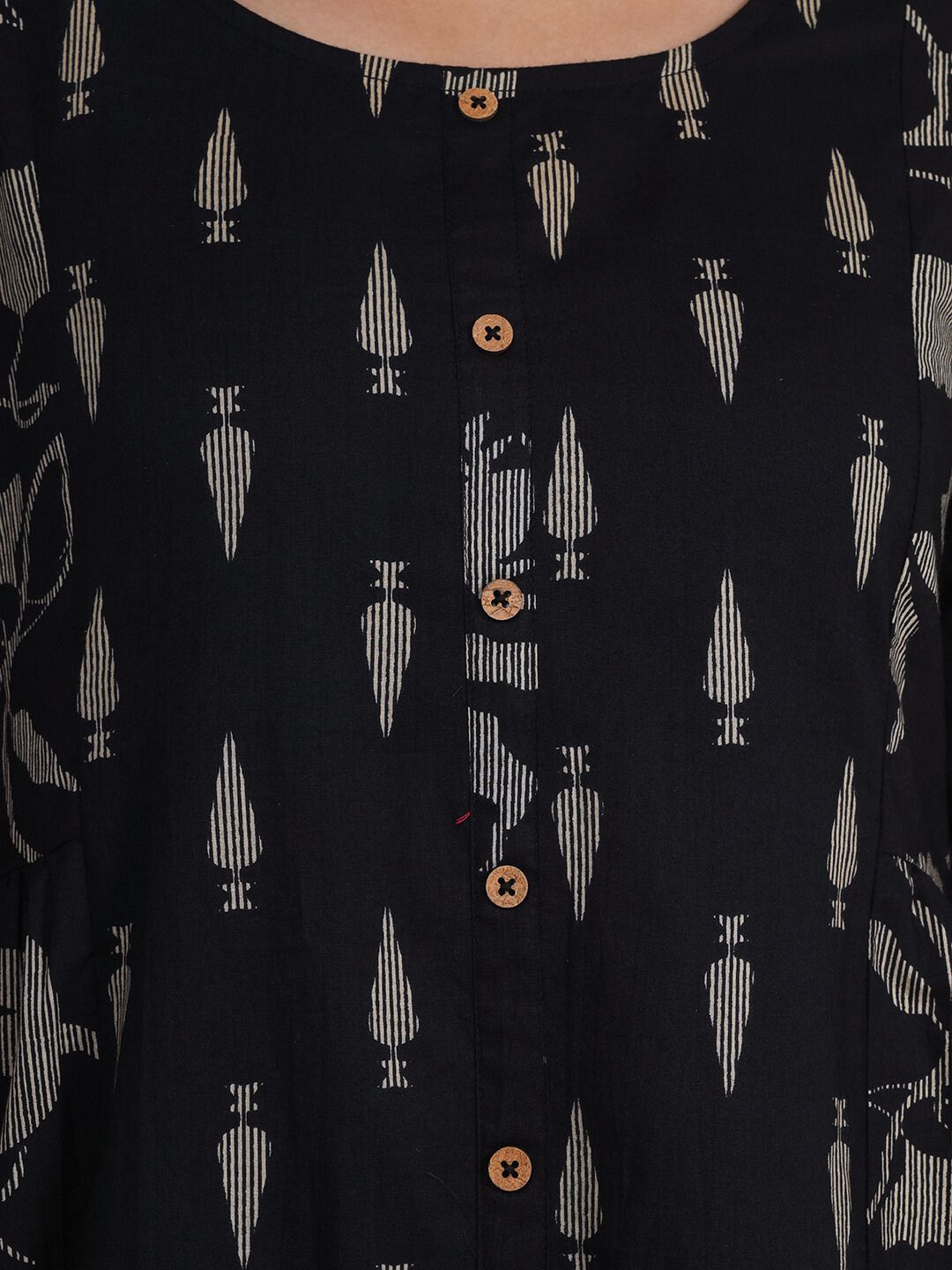 Midnight Black Botanical Printed A-Line Cotton Kurta