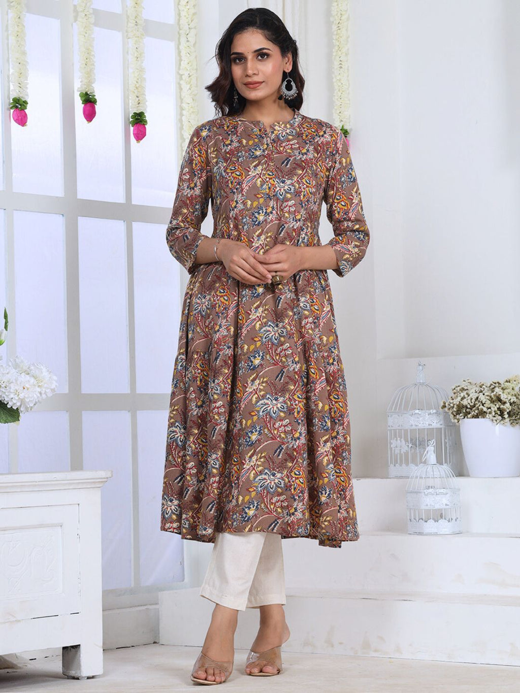 Mocha Brown Tropical Print Rayon Kurta