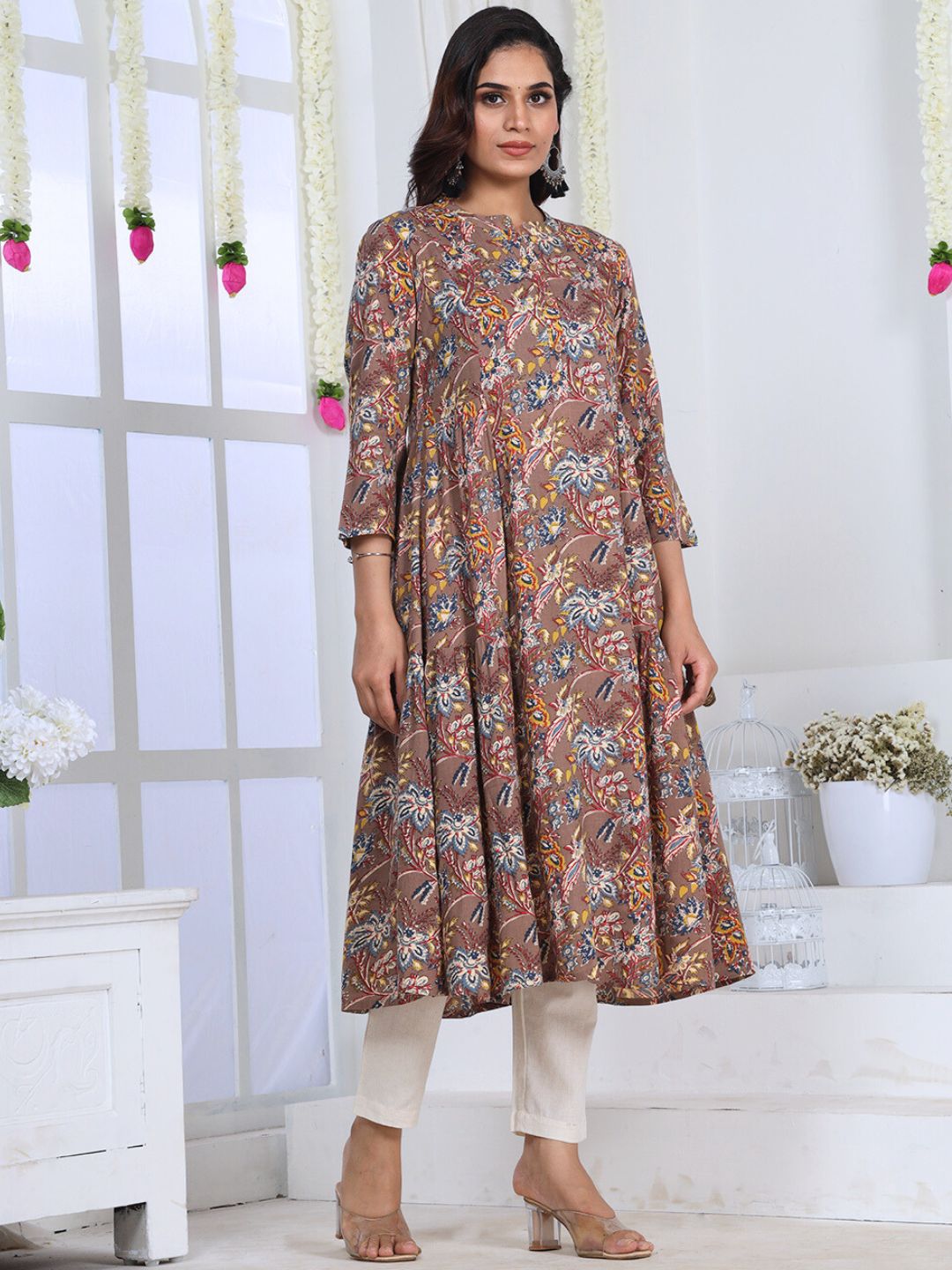 Mocha Brown Tropical Print Rayon Kurta