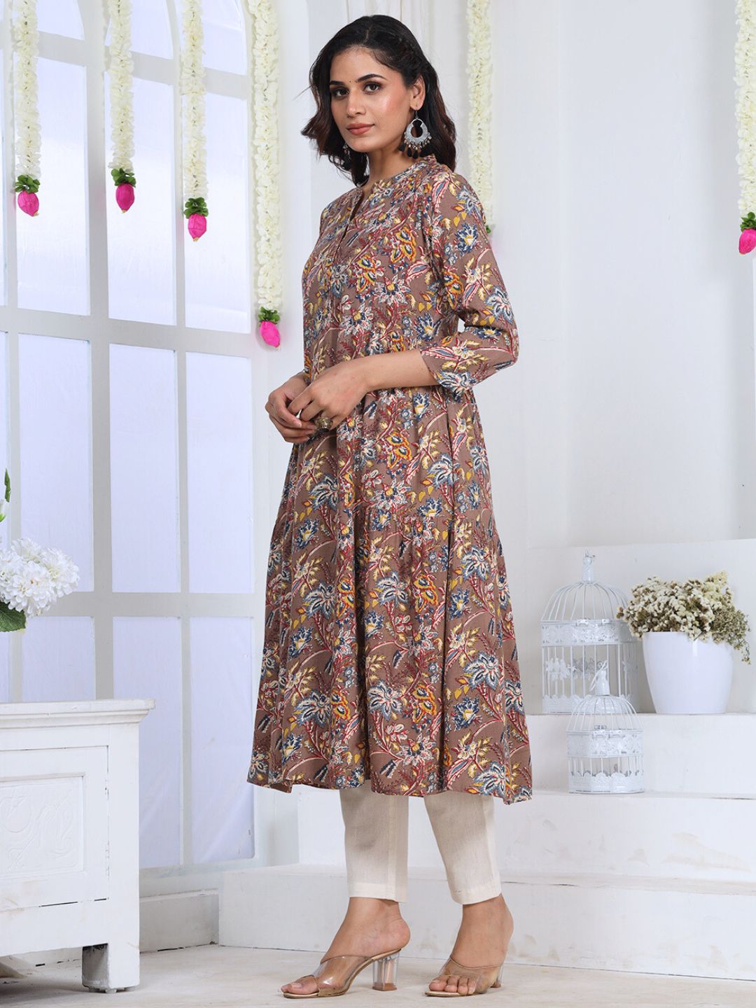 Mocha Brown Tropical Print Rayon Kurta