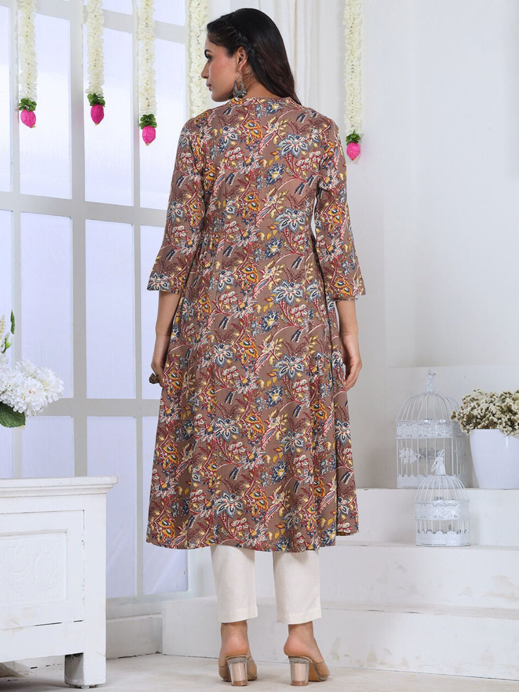 Mocha Brown Tropical Print Rayon Kurta