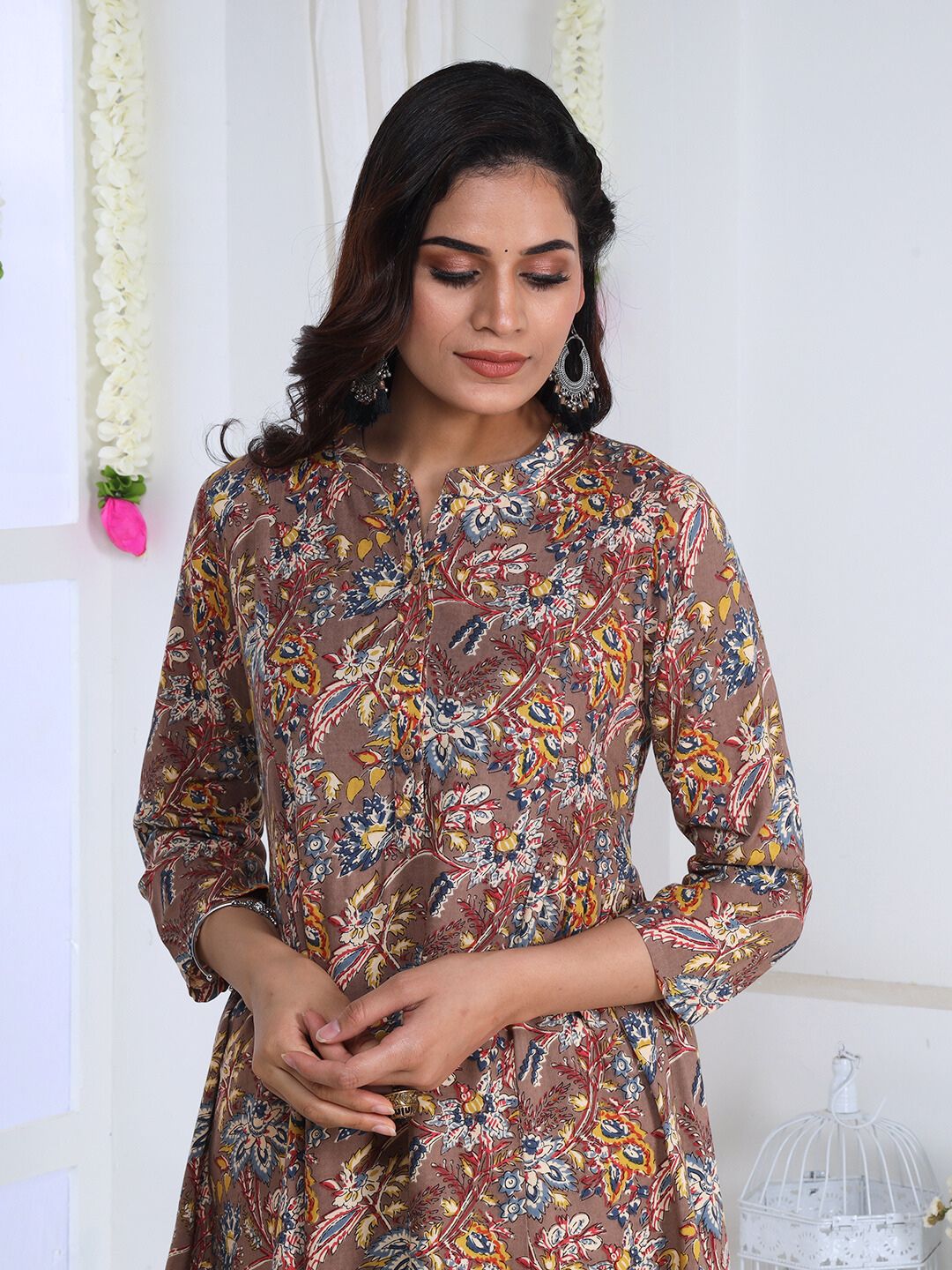 Mocha Brown Tropical Print Rayon Kurta
